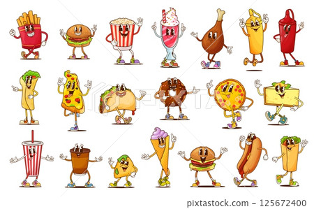 Groovy fast food, drinks and desserts characters. Happy retro hippie pizza, hamburger, hot dog and soda vector personages. Psychedelic popcorn, french fries, donut and coffee, groovy ice cream, taco Groovy fast food, drinks and desserts characters. Happy retro hippie pizza, hamburger, hot dog and soda vector personages. Psychedelic popcorn, french fries, donut and coffee, groovy ice cream, taco 125672400
