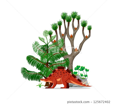 Wuerhosaurus prehistoric dinosaur character. Isolated cartoon vector genus of stegosaurian herbivore dino lizard standing beside tropical plants in Early Cretaceous period prehistoric nature landscape Wuerhosaurus prehistoric dinosaur character. Isolated cartoon vector genus of stegosaurian herbivore dino lizard standing beside tropical plants in Early Cretaceous period prehistoric nature landscape 125672402