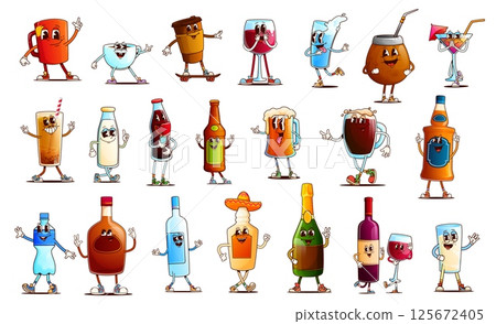Drink and beverage groovy characters. Cartoon retro glasses, cups and bottles vector personages of water, coffee, tea, soda and cocktail. Psychedelic wine, beer and milk, groovy whiskey and champagne Drink and beverage groovy characters. Cartoon retro glasses, cups and bottles vector personages of water, coffee, tea, soda and cocktail. Psychedelic wine, beer and milk, groovy whiskey and champagne 125672405