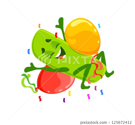 Cartoon math division sign character birthday holiday celebration. Isolated vector cheerful personage with colorful balloons and confetti expresses excitement and joy symbolizing fun learning for kids 125672412