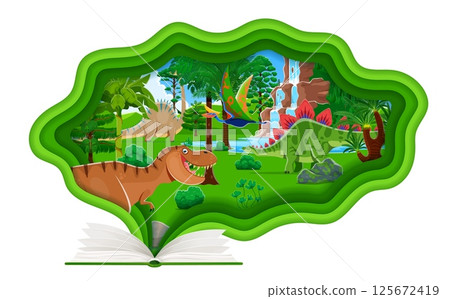 Opened book with paper cut prehistoric dinosaur characters landscape at jungle forest vector background. Cartoon tyrannosaurus rex, diplodocus, quetzalcoatlus and stegosaurus dinos paper cut banner 125672419