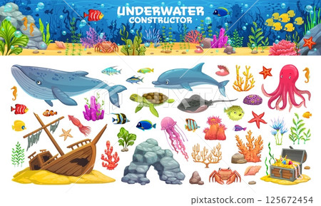 Underwater sea landscape constructor with cartoon sea animals, fish and plants, vector game UI assets kit. Underwater ocean landscape with sunken ship, dolphin and whale, treasure chest and corals 125672454