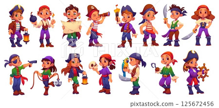 Kid corsair pirate characters, party costumes, swords, guns and hook. Cute boys and girls pirate captain and sailor vector personages with black hats, bandanas and eye patches, treasure map and parrot 125672456