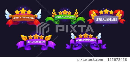 Level up and complete game asset, badge icons with cartoon gold star awards, vector UI. Game level complete ribbon banners with golden stars, wings, laurel wreath and sparkles. Game achievement awards Level up and complete game asset, badge icons with cartoon gold star awards, vector UI. Game level complete ribbon banners with golden stars, wings, laurel wreath and sparkles. Game achievement awards 125672458