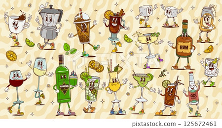 Cartoon retro groovy alcohol drinks and cocktails characters. Vector personages of funny hippie espresso and bubble tea cups, beer can, gin and tonic. Groovy mojito, margarita and daiquiri cocktails 125672461