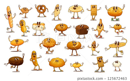 Bread and bakery groovy characters, vector food personages. Cartoon retro psychedelic loaves of baguette, burger bun, wheat pretzel and whole cereal flatbread. Groovy tiger bread, tortilla and shoti 125672463