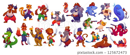 Cartoon funny animal pirate corsair characters. Bear, dog and raccoon, elephant or shark. Squirrel, whale, turtle or crocodile, fox, parrot and pelican. Octopus, sloth and lion, hippo or monkey, crab 125672473