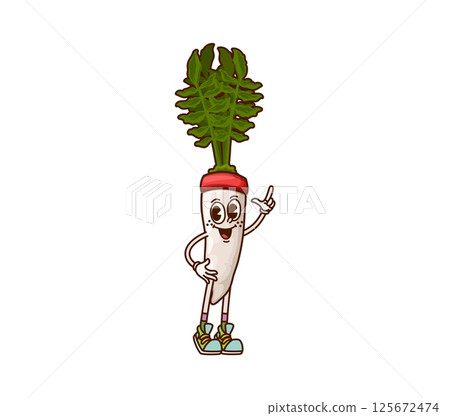 Groovy horseradish vegetable cartoon character on fitness or sport, vector daikon. Groovy horseradish with funny face in fitness headband and sport shoes on workout training or fitness exercise 125672474