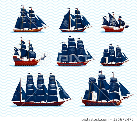 Cartoon pirate ships game asset, vector UI. Old wood sail boats, corsair caravel and galleon with black sails and flags, skulls, crossbones, swords and octopus. Pirate ships with cannons, decks, masts 125672475
