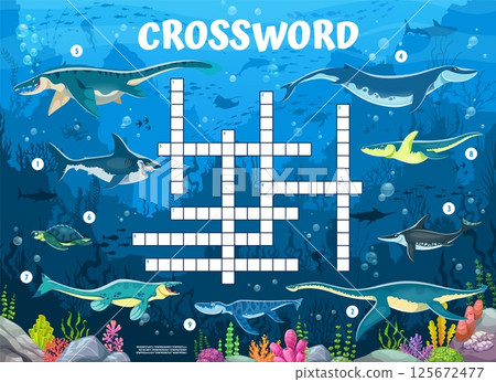 Crossword quiz game grid with prehistoric underwater dinosaurs and reptiles. Vector worksheet of extinct sea dino animals word puzzle game. Cute cartoon prehistoric dinosaurs crossword quiz grid 125672477