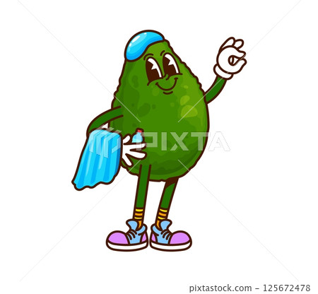 Avocado groovy cheerful character in swimming cap. Vegan food plant groovy cute character, ripe avocado retro cartoon vector funny character. Tropical fruit 60s 70s funky happy personage on vacation 125672478