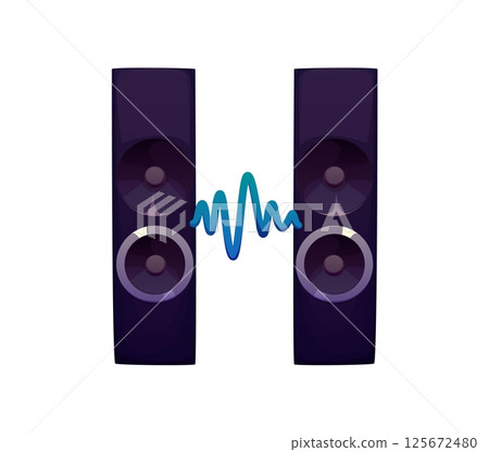 Cartoon musical font letter H as two speakers connected by a soundwave, music instrument typeface, entertainment funny type, English alphabet. Isolated vector dynamics musician equipment abc sign Cartoon musical font letter H as two speakers connected by a soundwave, music instrument typeface, entertainment funny type, English alphabet. Isolated vector dynamics musician equipment abc sign 125672480