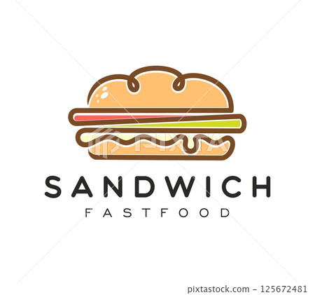 Sandwich icon for fast food snacks and BBQ grill restaurant, vector emblem. Cheeseburger, burger or hamburger sandwich sign with ham, cheese, lettuce and sauce in bun for bakery and fast food menu 125672481