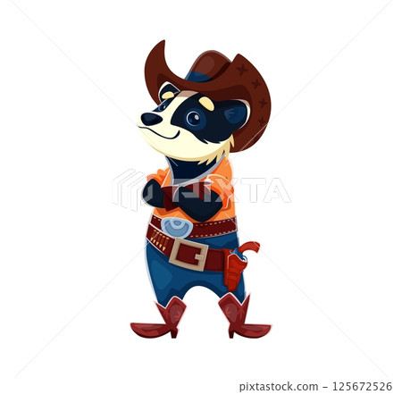 Cartoon Wild West animal cowboy or raccoon sheriff and ranger, vector character. Funny raccoon bandit or badger sheriff in cowboy hat with revolver guns in bandoleer for Wild West ranger character 125672526
