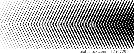 Black linear arrow background. Repeated triangle gradation pattern. Vector fading striped halftone gradient texture. Thin to thick speed line concept backdrop for poster, print, cover, banner 125672901