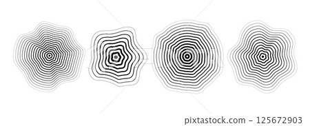 Black concentric ripped circle set. Dotted and dashed round sound wave collection. Epicenter, target, radar, sonar icon concept. Vector halftone radial radio signal or vibration element pack 125672903