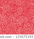 Seamless hand-drawn swirl pattern with white brushstroke spirals on a vibrant red background, ideal for abstract backgrounds, textiles, or digital design. 125673193