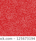 Seamless hand-drawn swirl pattern with white brushstroke spirals on a vibrant red background, ideal for abstract backgrounds, textiles, or digital design. 125673194
