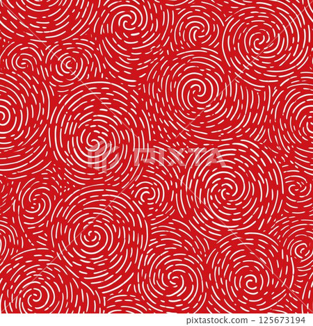 Seamless hand-drawn swirl pattern with white brushstroke spirals on a vibrant red background, ideal for abstract backgrounds, textiles, or digital design. 125673194