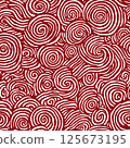 Seamless hand-drawn swirl pattern with white brushstroke spirals on a vibrant red background, ideal for abstract backgrounds, textiles, or digital design. 125673195