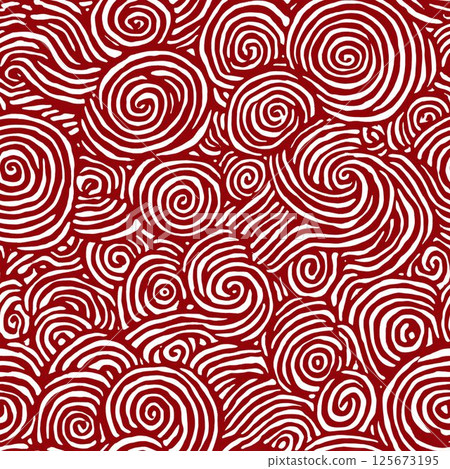 Seamless hand-drawn swirl pattern with white brushstroke spirals on a vibrant red background, ideal for abstract backgrounds, textiles, or digital design. 125673195
