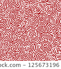 Seamless hand-drawn swirl pattern with white brushstroke spirals on a vibrant red background, ideal for abstract backgrounds, textiles, or digital design. 125673196