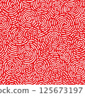 Seamless hand-drawn swirl pattern with white brushstroke spirals on a vibrant red background, ideal for abstract backgrounds, textiles, or digital design. 125673197