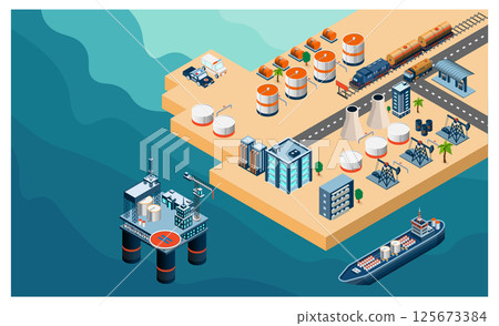 Isometric illustration showcases a gas and oil refinery power plant station, including the petroleum industry, outbuildings, an oil storage tank, crude oil, and additional features. Isometric illustration showcases a gas and oil refinery power plant station, including the petroleum industry, outbuildings, an oil storage tank, crude oil, and additional features. 125673384