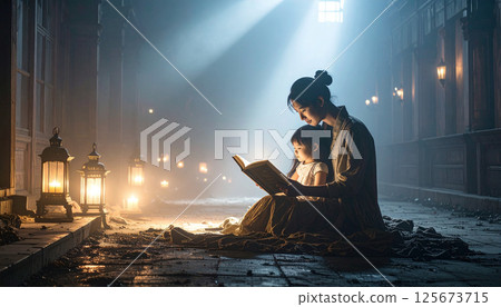 Dad and daughter reading a book together under a warm light. Generated image 125673715