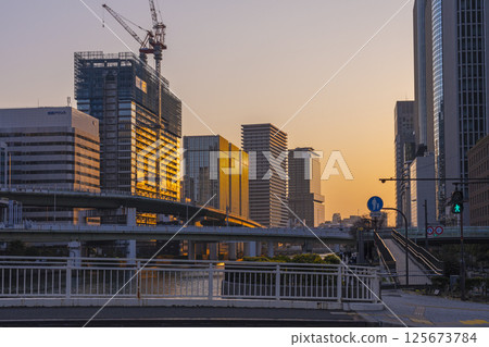 沐浴在朝霞中的中之島建築(渡邊橋附近) 沐浴在朝霞中的中之島建築(渡邊橋附近) 125673784