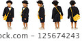 一個身穿幼稚園制服、頭戴帽子、背著背包的男孩，背景為白色 125674243