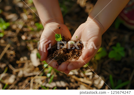 Close-up of a child's hand holding soil and a sprout. Expressing contact with nature 125674247