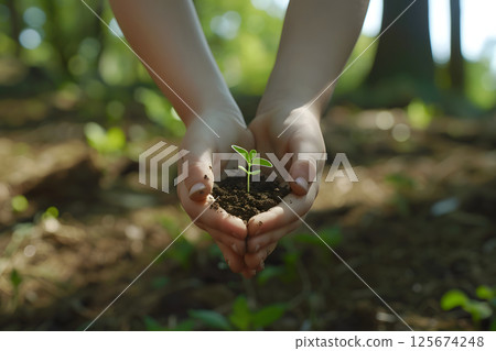 Close-up of a child's hand holding soil and a sprout. Expressing contact with nature 125674248