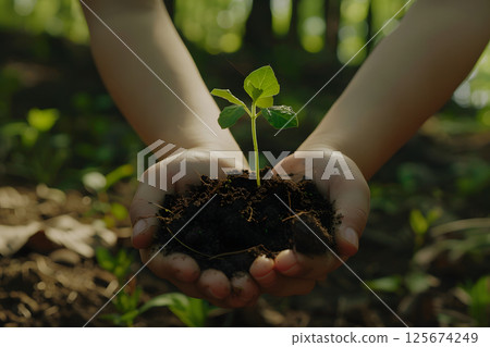 特寫鏡頭:孩子的手握著土壤和幼苗。表達與大自然的接觸 特寫鏡頭:孩子的手握著土壤和幼苗。表達與大自然的接觸 125674249