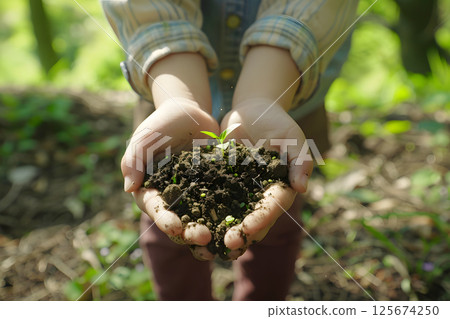 特寫鏡頭:孩子的手握著土壤和幼苗。表達與大自然的接觸 特寫鏡頭:孩子的手握著土壤和幼苗。表達與大自然的接觸 125674250