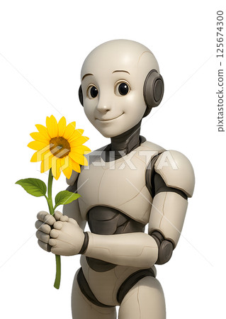 3D 人形機器人微笑,帶有花朵圖案背景 3D 人形機器人微笑,帶有花朵圖案背景 125674300