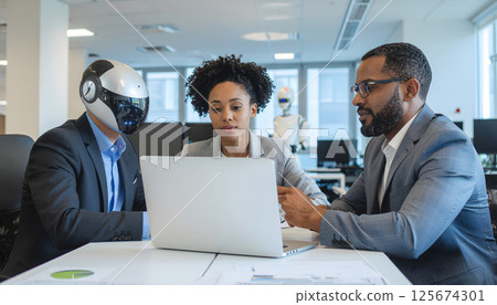 商務團隊在未來辦公室與人形機器人一起工作 125674301