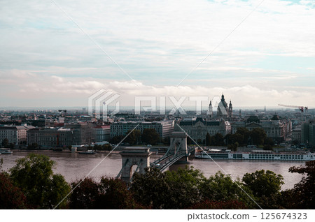 Budapest downtown - drone aerial photo of the Hungarian capital. Buda and Danube river at sunrise. Aerial drone view of the Budapest city. Drone view of the capitol city Budapest. High quality photo 125674323