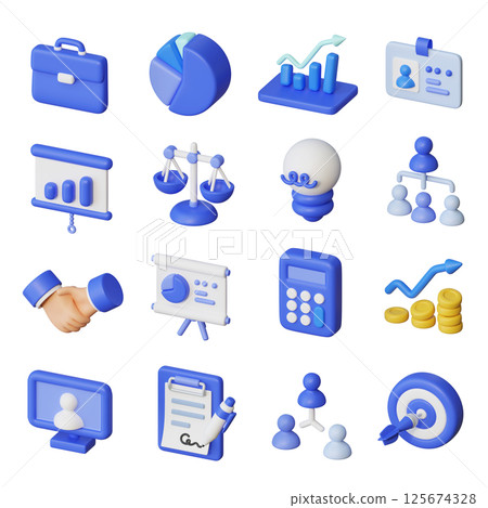 Business 3D Icon Set simple blue cartoon style Business 3D Icon Set simple blue cartoon style 125674328