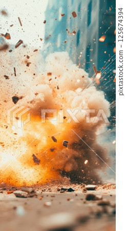 Urban explosion with debris flying in industrial downtown setting showing raw power and chaos in cinematic style, AI Generative 125674394