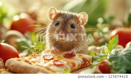 Adorable mouse enjoying a slice of pizza amidst fresh vegetables and herbs, AI Generative 125674428