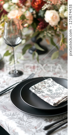 Elegant table setting with black dinnerware, floral napkins, wine glass, and vibrant flower arrangement for a sophisticated dining experience, AI Generative 125674438