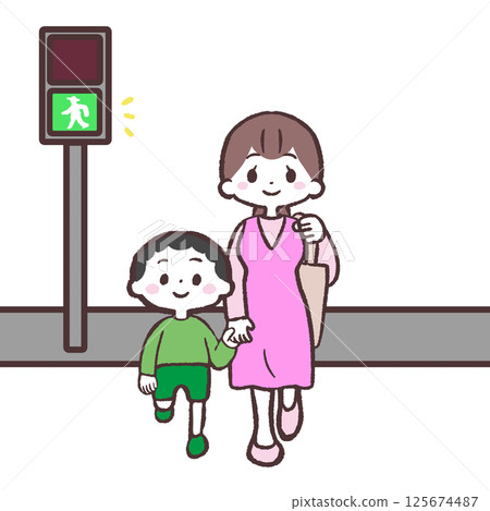 一個男孩和他的兒子過馬路的插圖 一個男孩和他的兒子過馬路的插圖 125674487