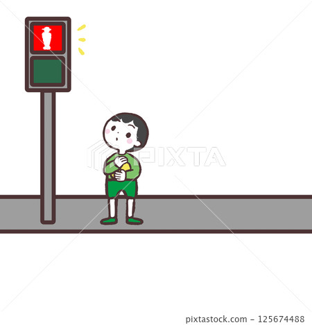 一個男孩抬頭看著紅燈的插圖 125674488