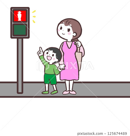 一個男孩和他的兒子在等紅綠燈的插圖 125674489