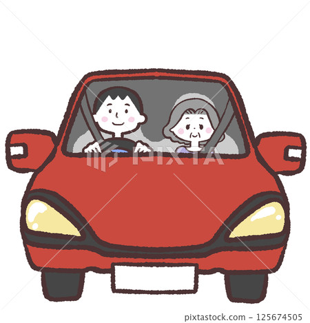 Illustration of a male driver giving a senior woman a ride in a car 125674505