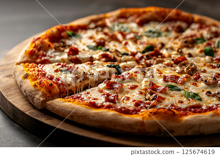 Top down shot of a hyper realistic pizza, loaded with toppings and gooey cheese 125674619