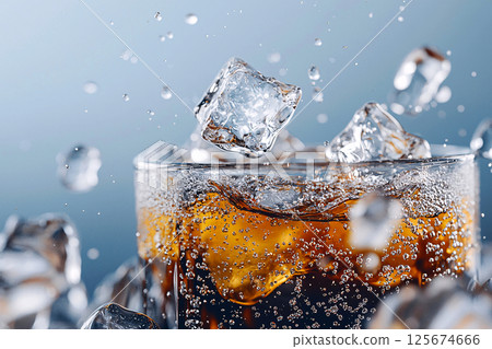 Hyper realistic close-up of bubbling soda, ice cubes and dewy condensation droplets Hyper realistic close-up of bubbling soda, ice cubes and dewy condensation droplets 125674666