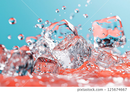 Bubbling soda with ice, dewy droplets and a hyper realistic extreme close up view 125674667