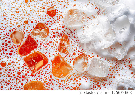 Hyper realistic close up of soda bubbles, ice cubes and glistening condensation droplets 125674668